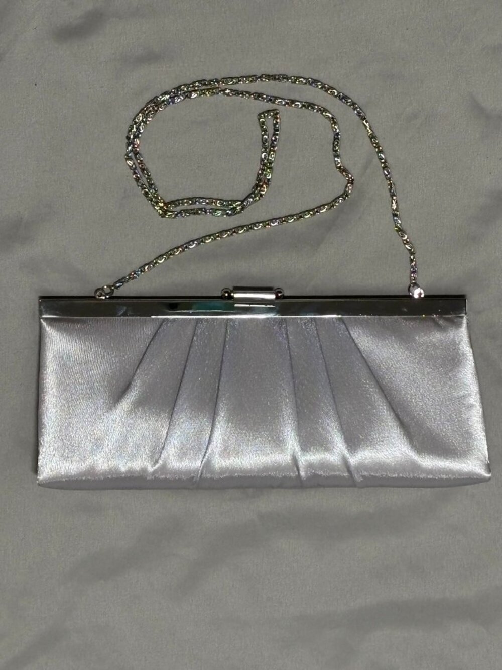 NEW Jessica McClintock Blaire silver satin clutch with chain strap, HoCo, weddin